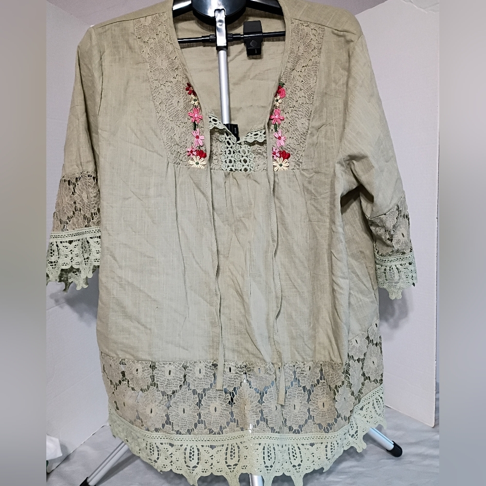 Lace Trim Blouse in Olive Boho Whimsical